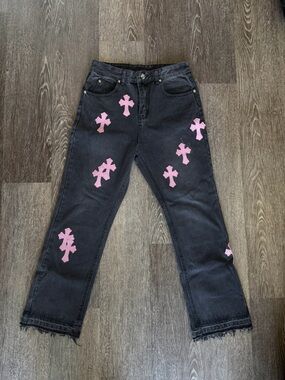 Chrome Hearts Black Skinny Jeans with Pink Cross Patches